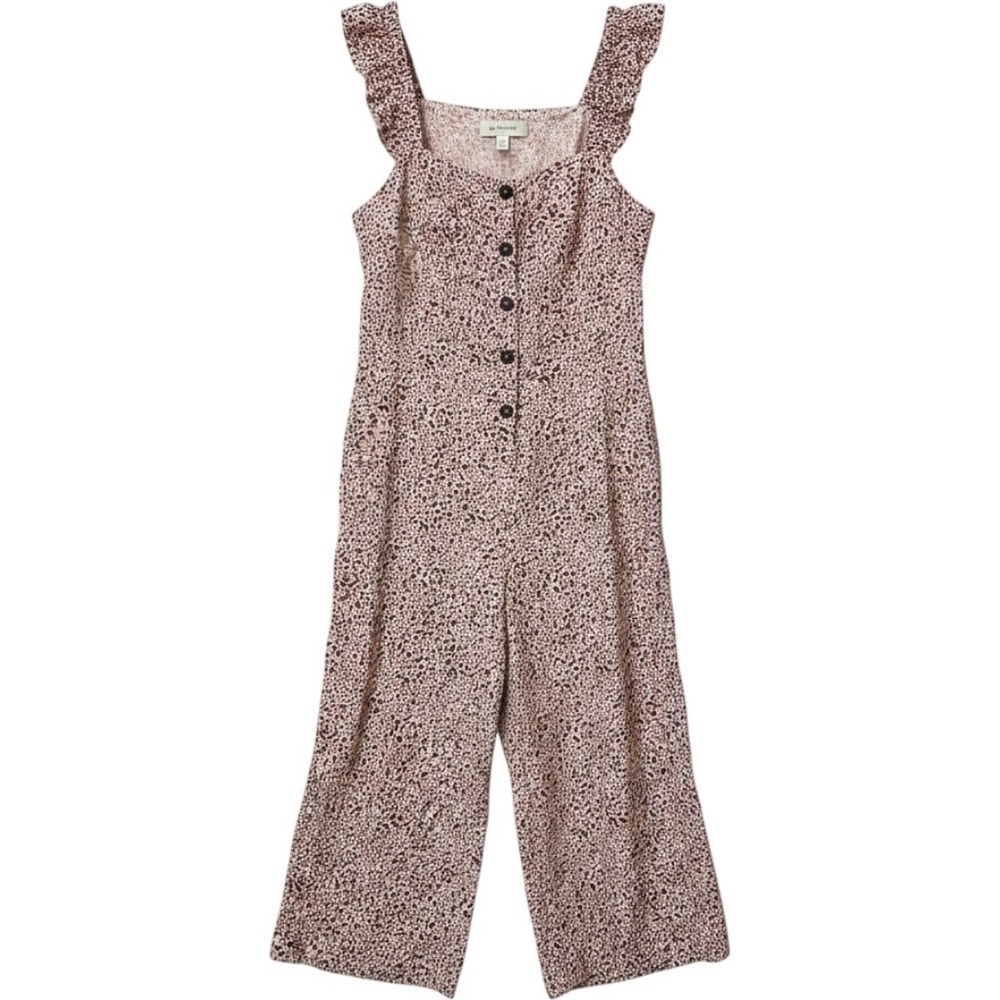SHEIN CURVE 1XL Beige Brown Leopard Print Ruffle Sleeve Button Front Jumpsuit